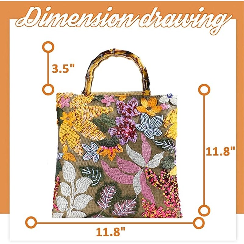 New Double Plastic Handle Sequin Flower Tan Orange Pink Green Magnetic Top Bag