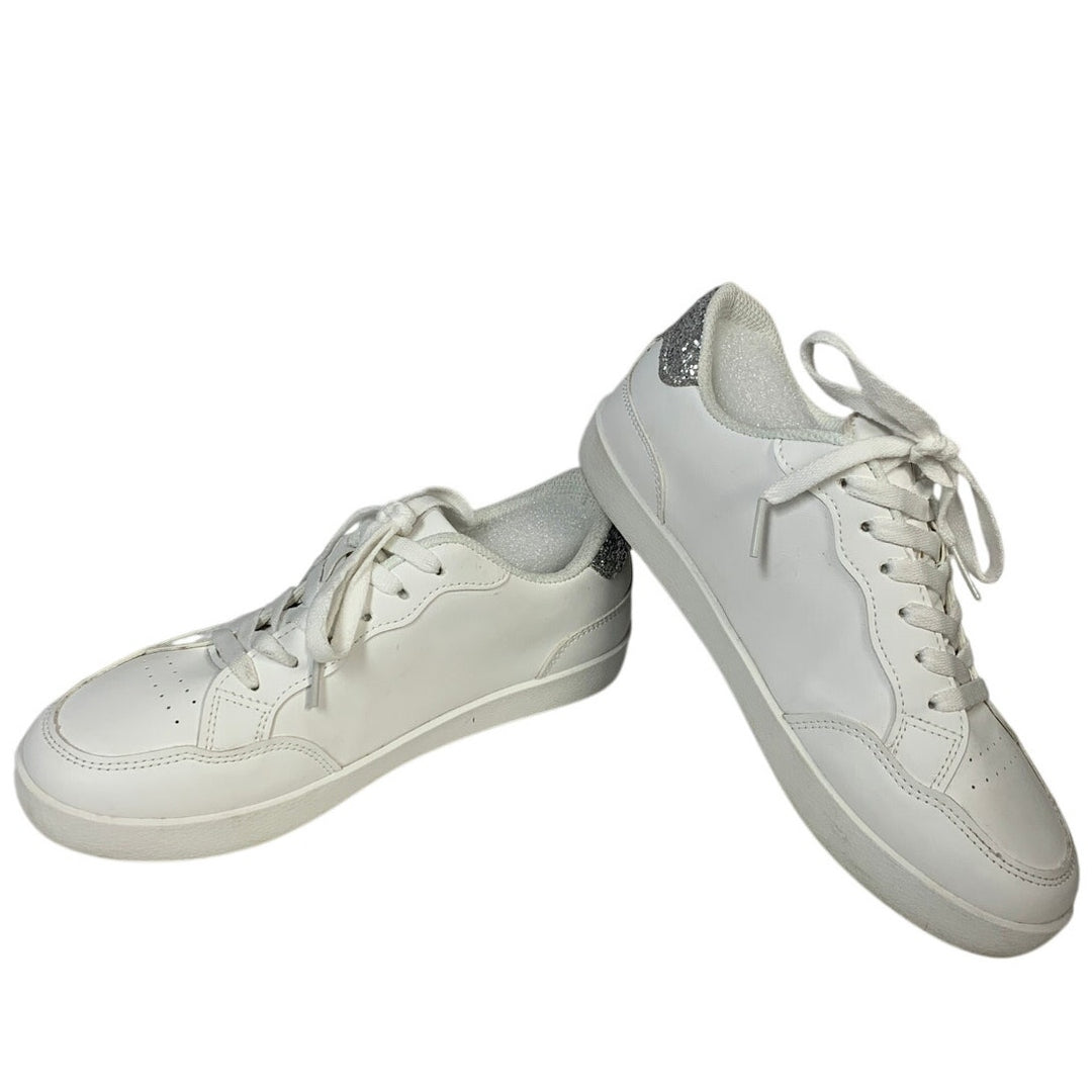 TimeJoy Womens Size 8 White Silver Glitter Sneakers Lace Up Low Top Tennis Shoes