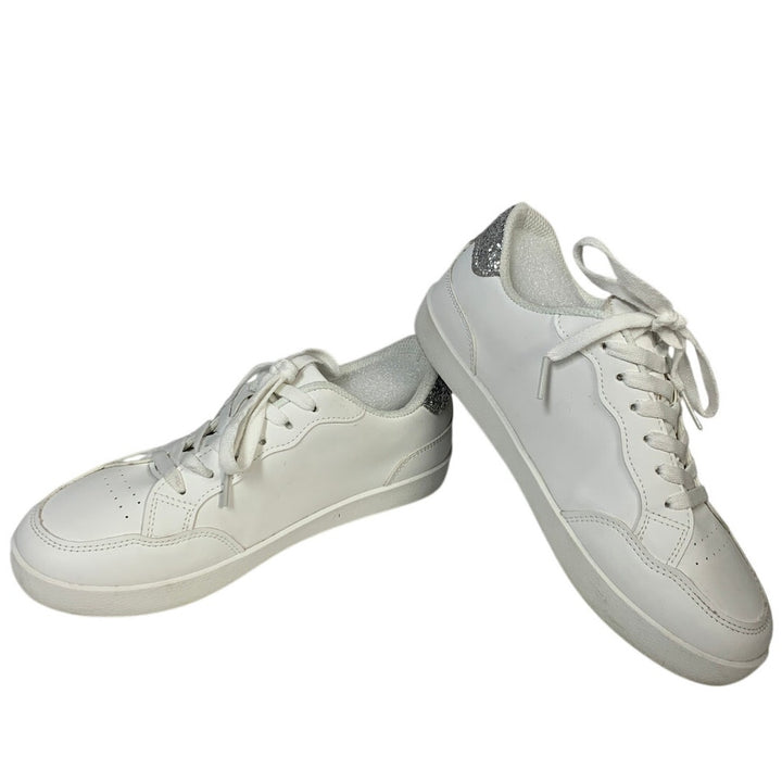 TimeJoy Womens Size 8 White Silver Glitter Sneakers Lace Up Low Top Tennis Shoes