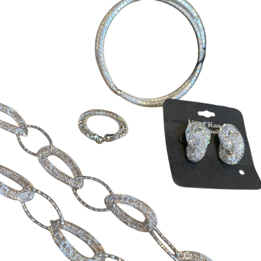 New 4pc Earring Bracelet Necklace Ring Silver Jewelry Set in Red Gift Box