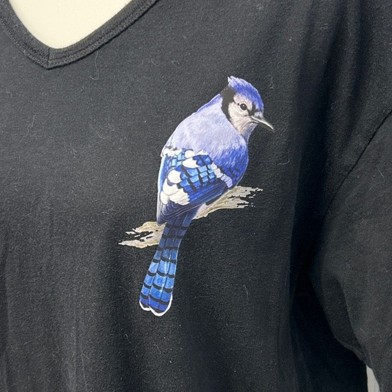 Hand Printed Womens XL Blue Jay Bird V-Neck Slim Fit 100% Cotton Tee Shirt