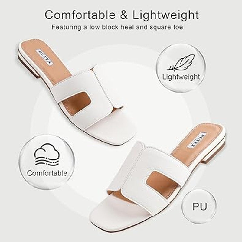 Bctex Womens 7 White Faux Leather Slide On Open Toe Low Heel Mule Sandal Shoes