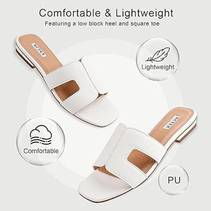 Bctex Womens 7 White Faux Leather Slide On Open Toe Low Heel Mule Sandal Shoes