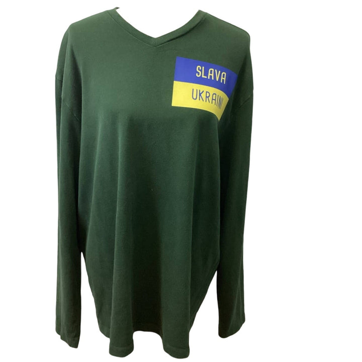 Hand Printed Upcycled Mens XL Slava Ukraini Long Sleeve 100% Cotton Sweatshirt