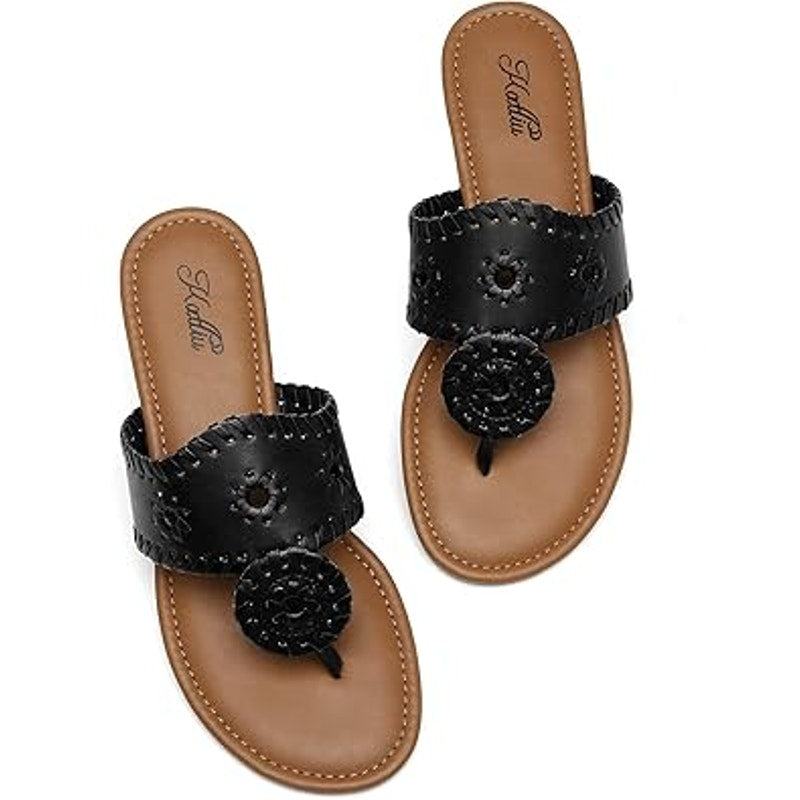 Katliu Womens Size 6 Black Wide Band Vamp Flat Thong Flip Flop Sandal Shoes