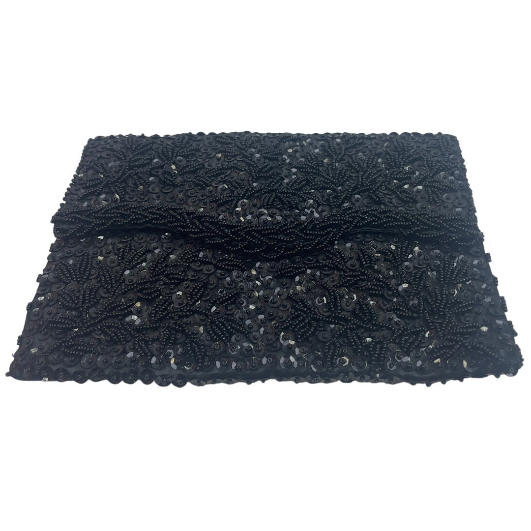 Vintage Black Beaded Small Foldover Evening Event Envelope Clutch Purse Handbag