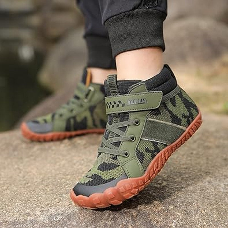 Kubua Boys Size 6 Green Black Camoflague Camo High Top Barefoot Hook Loop Shoes