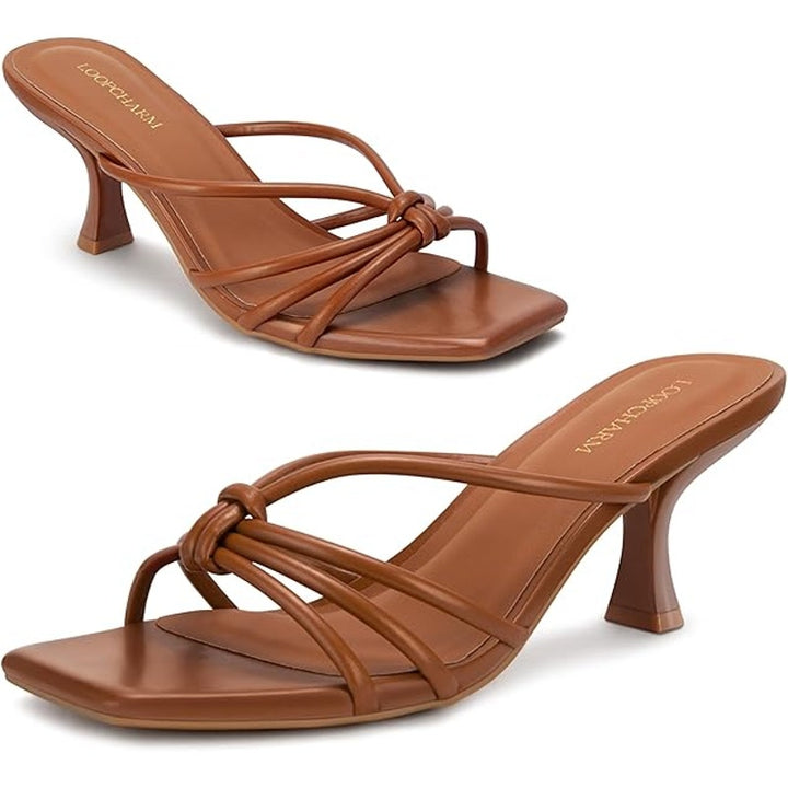 LoopCharm Womens Size 8.5 Brown 3" Heel PU Leather Open Square Toe Shoes