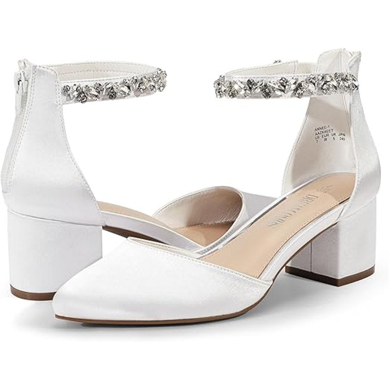 Dream Pairs Womens 9 White Satin Pointy Toe 2.25" Block Heel Ankle Strap Shoes
