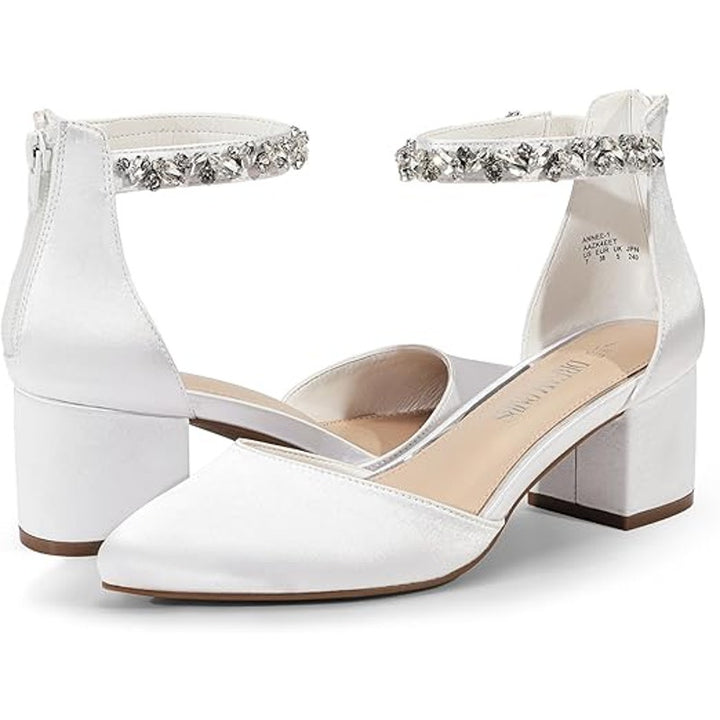 Dream Pairs Womens 9 White Satin Pointy Toe 2.25" Block Heel Ankle Strap Shoes