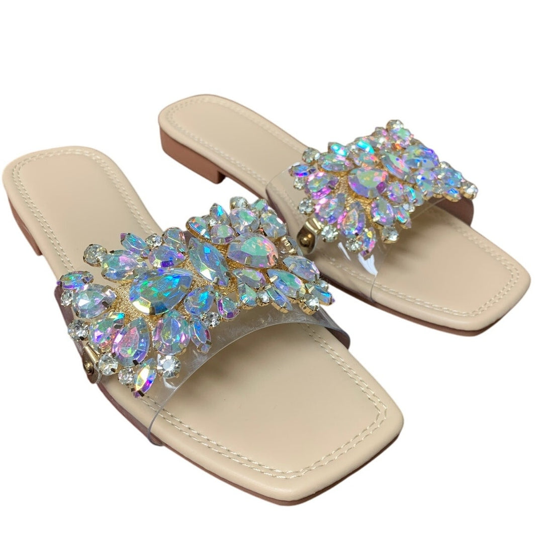 New Verdusa Womens Size 8 Rhinestone Clear Strap Slide On Flat Sandal Shoes