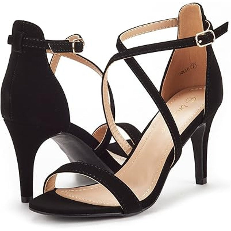 New Dream Pairs Womens Size 7 Black Faux Suede Open Toe 3.5" Heel Sandal Shoes
