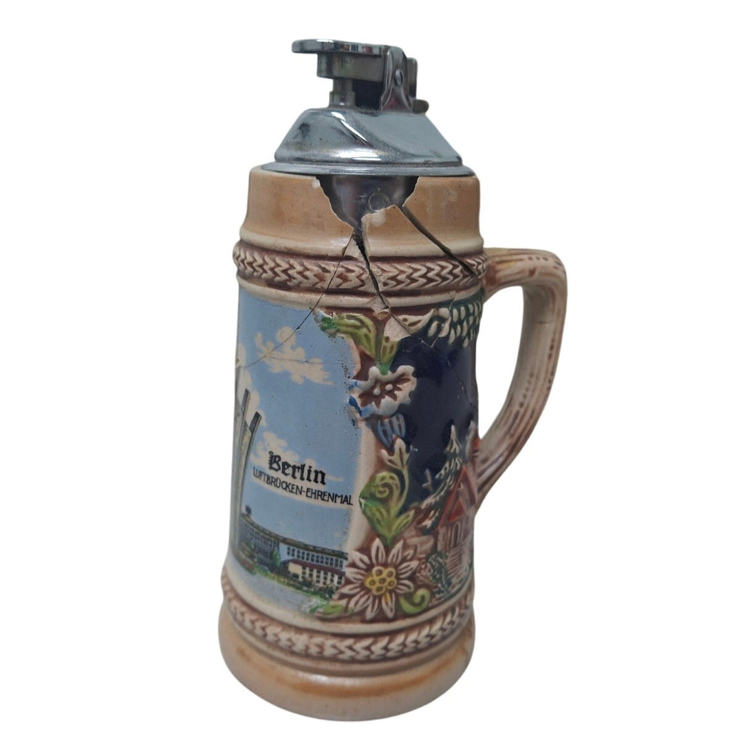 Vintage West Germany Cracked Collectible Ceramic Beer Stein w Strike Lighter Cap