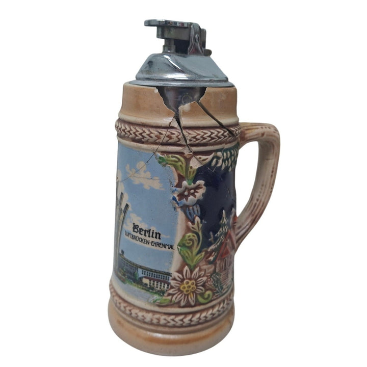 Vintage West Germany Cracked Collectible Ceramic Beer Stein w Strike Lighter Cap