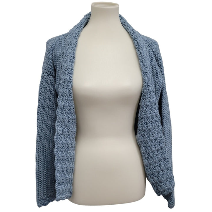 Handmade Womens Medium Acrylic Yarn Scalloped Edges w Pockets Cardigan Sweater