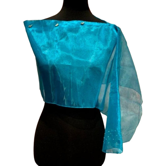 Handmade Upcycled Shiny Beaded Aqua Blue Lightweight Formal Sheer Poncho