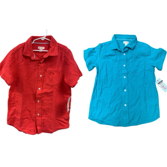 2 New Cat & Jack Boys Large Short Sleeve 100% Cotton Button Up Shirts