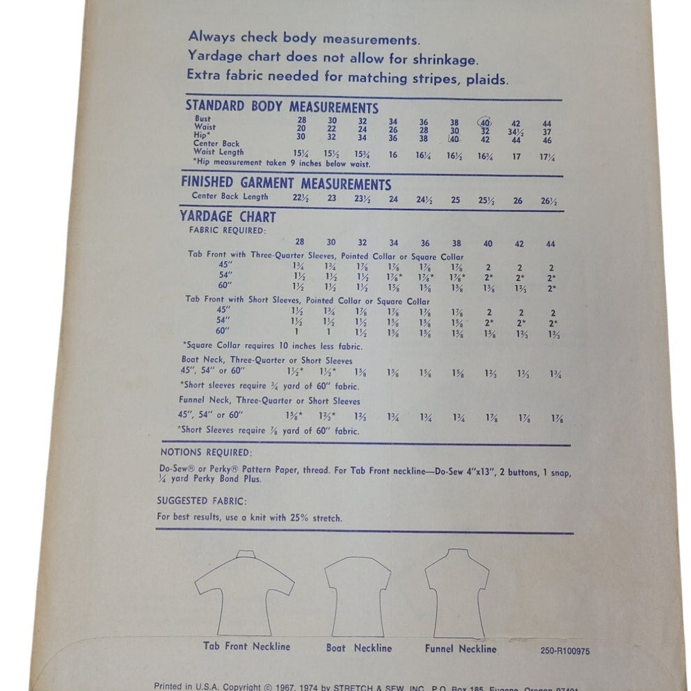 1974 Stretch &amp; Sew 250 Tab-Front Cap-Sleeve Top Sewing Pattern, Complete &amp; Uncut