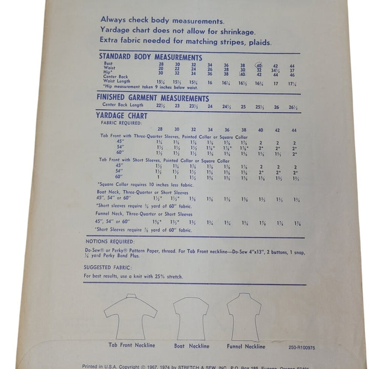 1974 Stretch &amp; Sew 250 Tab-Front Cap-Sleeve Top Sewing Pattern, Complete &amp; Uncut