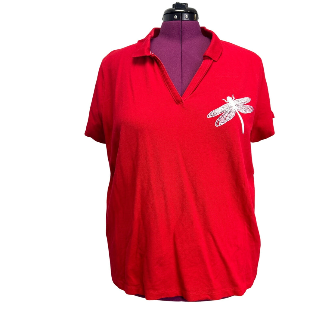 Hand Printed Upcycled Womens 3X Dragonfly Cotton Blend Collared Polo Shirt