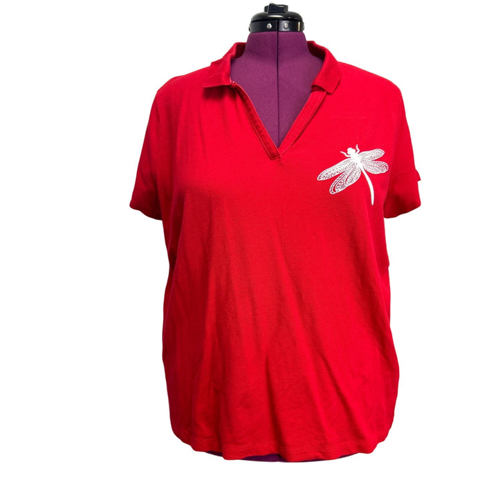 Hand Printed Upcycled Womens 3X Dragonfly Cotton Blend Collared Polo Shirt