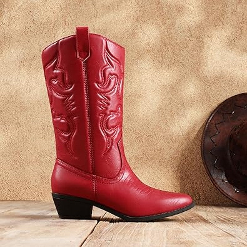 Dream Pairs Womens 8 Red Faux Leather 2" Heel Pull On Western Cowboy Boot Shoes