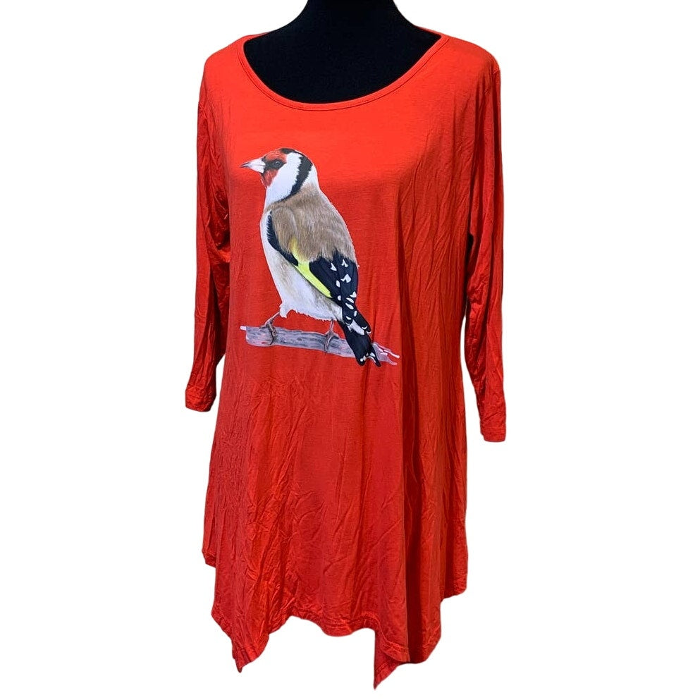 Upcycled Hand Printed Womens 2X European Goldfinch Artist Fundraiser Long Tee
