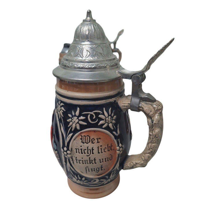 Vintage West Germany Wer Nicht German Ceramic Beer Stein w Hinged Metal Lid