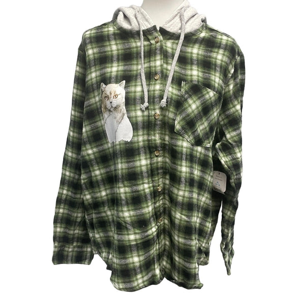 New Hand Printed Womens Small Gray Kitten Cat Long Sleeve Plaid Flannel Hoodie