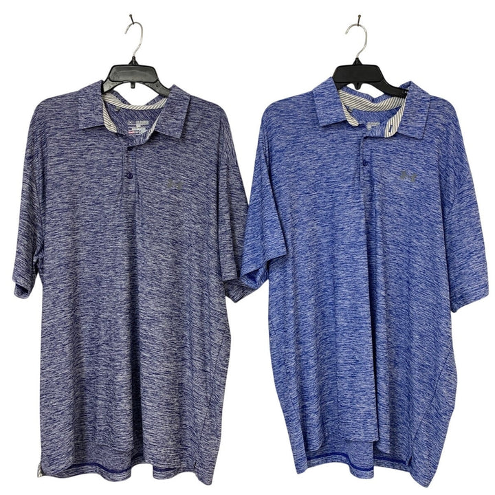 Lot of 2 Under Armour Mens 2XL Blue Purple Heathered Short Sleeve Polo Shirts