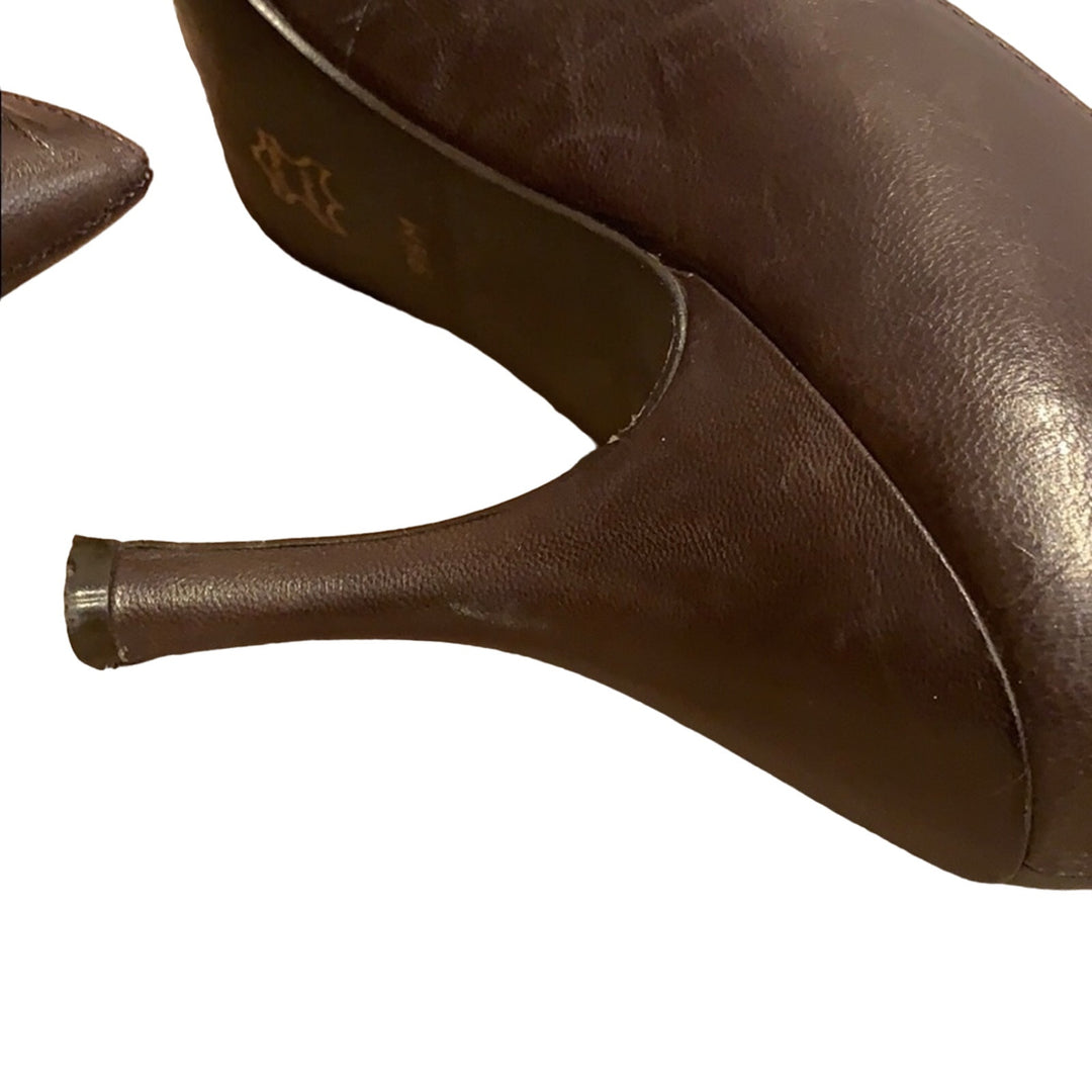Gianni Bini US 9.5 Chocolate Brown Tied Bow Peep Toe Leather 3.5" Heels Pumps