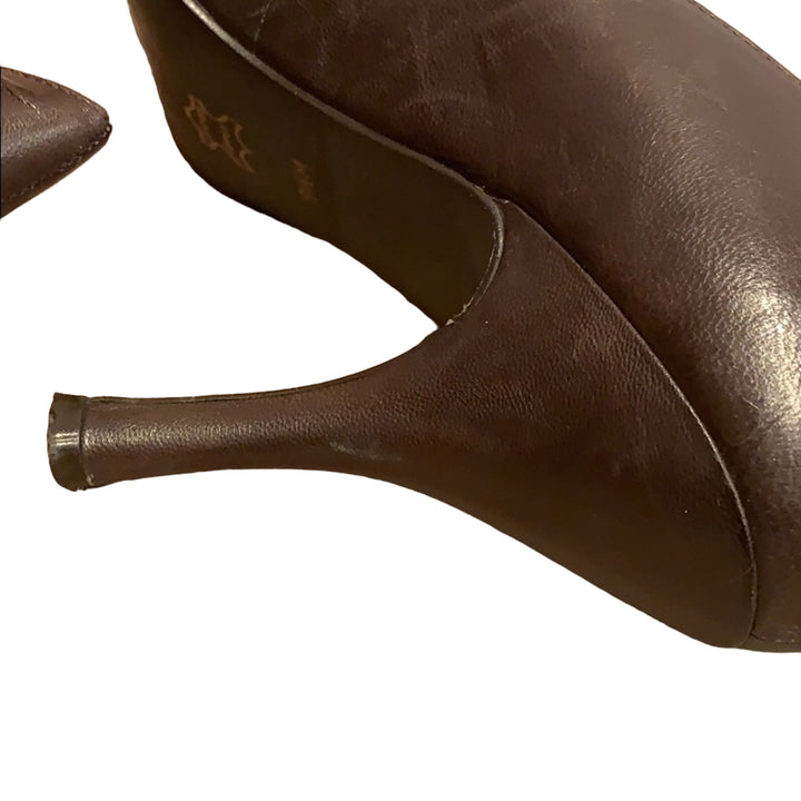 Gianni Bini US 9.5 Chocolate Brown Tied Bow Peep Toe Leather 3.5" Heels Pumps