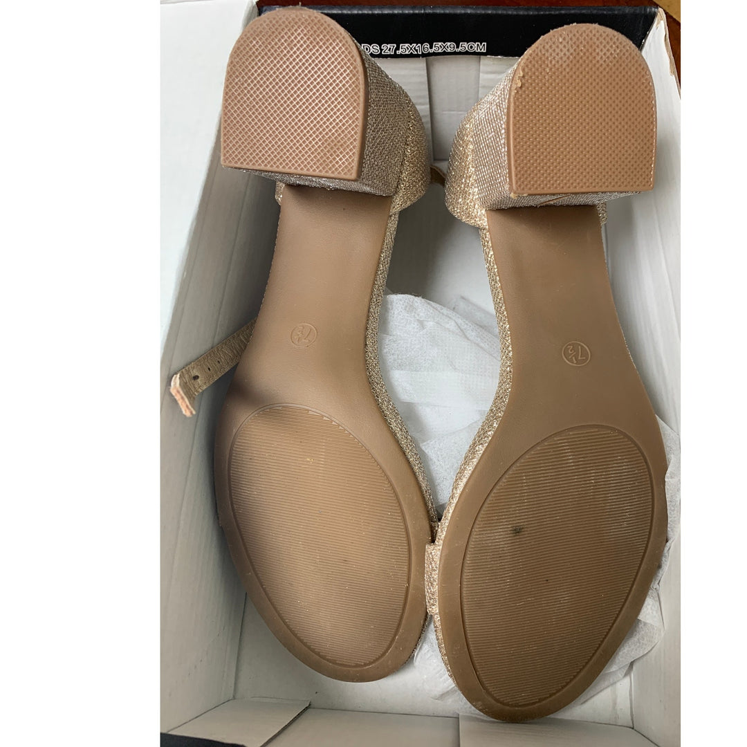 Mysoft Womens Size 7.5 Gold Glitter 2.5" Chunky Heel Open Toe Ankle Strap Shoes