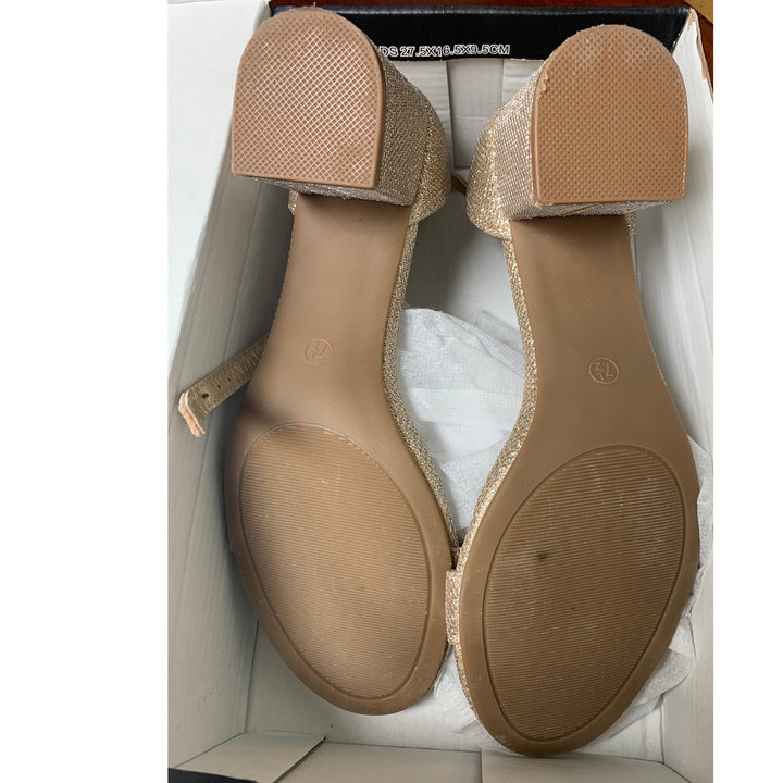 Mysoft Womens Size 7.5 Gold Glitter 2.5" Chunky Heel Open Toe Ankle Strap Shoes