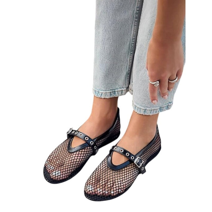Coutgo Womens Size 9.5 Black Mary Jane Ballet Flats Closed Round Toe Mesh Shoes