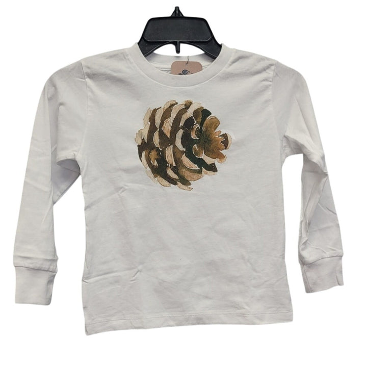 New Hand Printed Upcycled Child 4T Pine Cone Long Sleeve Cotton Blend Tee