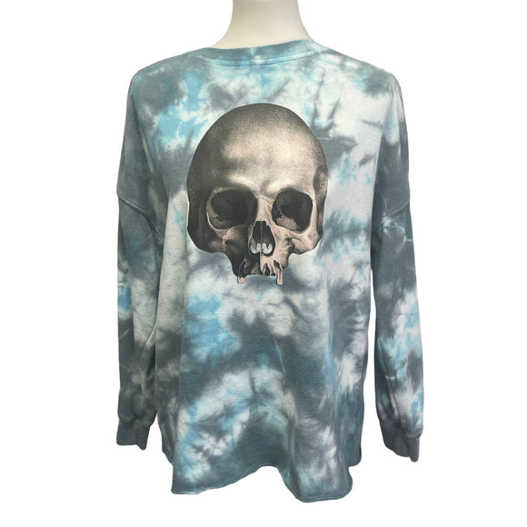 Upcycled Hand Printed Womens Medium Human Skull Goth Bones Tie Dye Sweatshirt
