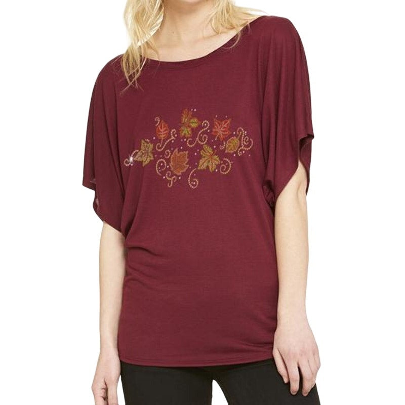 New Hand Printed Rhinestone Autumn Leaves Wine Batwing Dolman Blouse Top