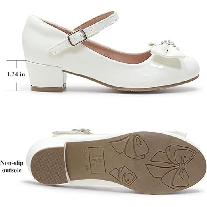 Girls Size 3 Flower Girl White Low Heel Rhinestone Bow Dress Wedding Shoes