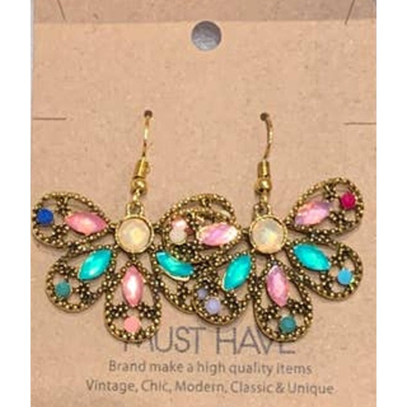 New Gold Toned Aztec Style Jeweled Butterfly Dangle Drop Earrings Red Gift Box
