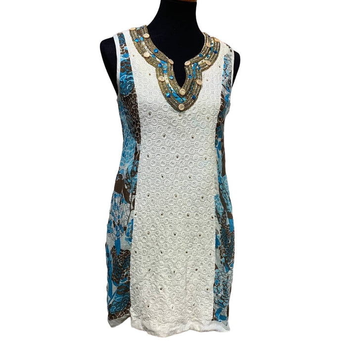 Silk Threads Medium Sleeveless Cotton Fully Lined Beaded Floral Sheath Dress