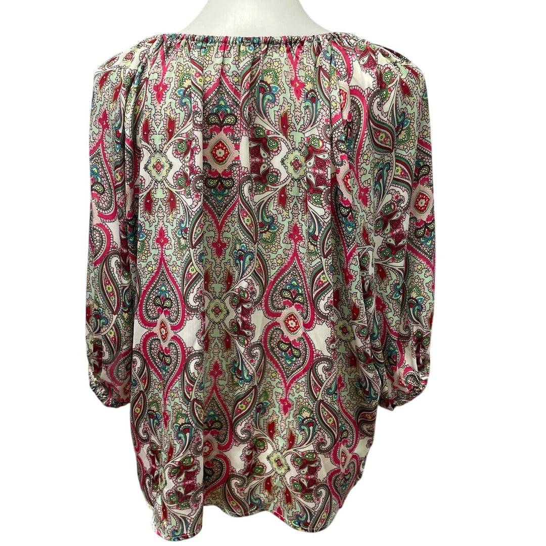 NY Collection Womens Medium Short Blouson Sleeve Paisley Polyester Blouse Top