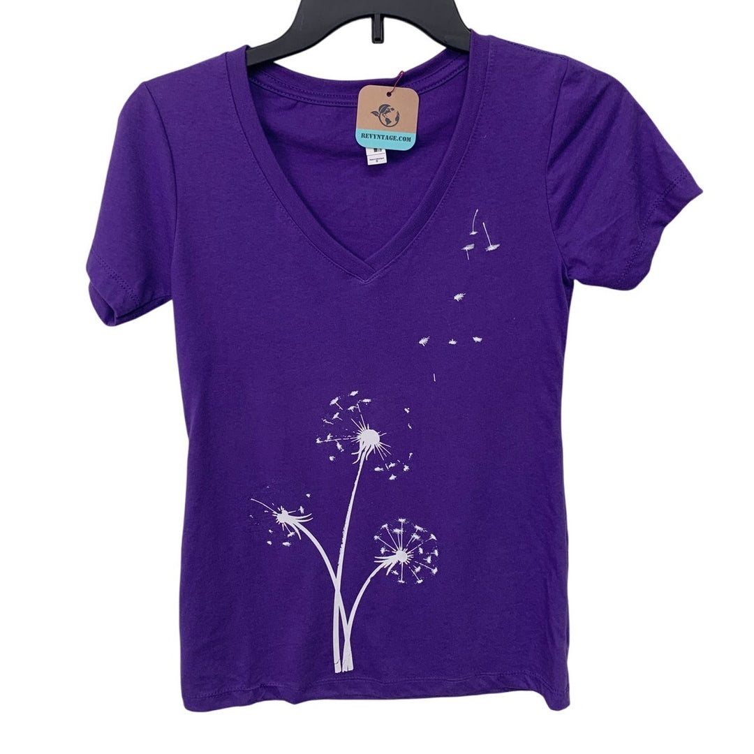 Upcycled Hand Printed Womens Small Dandelion Wish Short Sleeve V Neck Tee Shirt