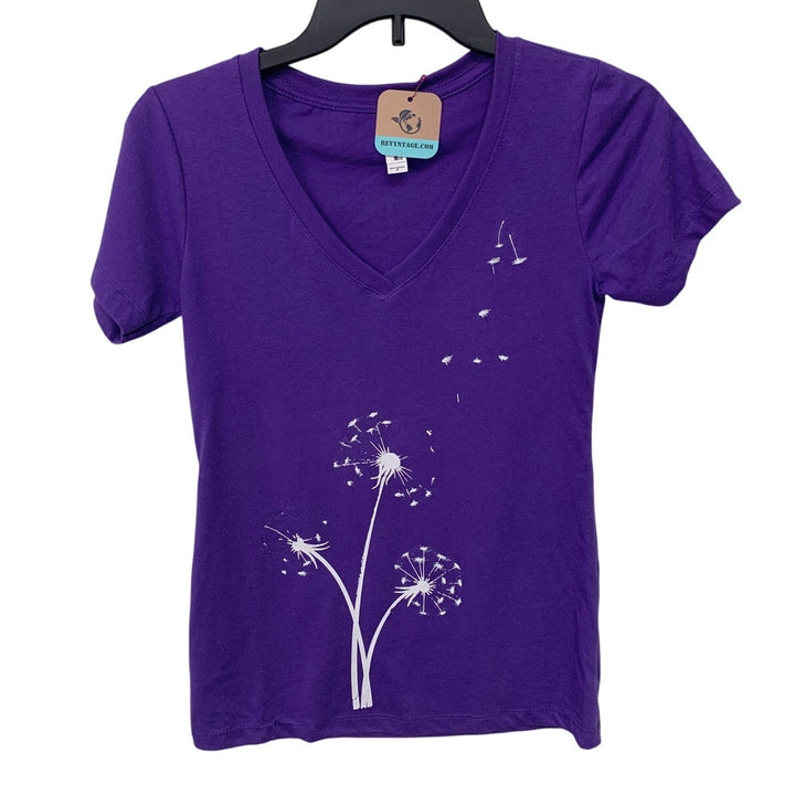 Upcycled Hand Printed Womens Small Dandelion Wish Short Sleeve V Neck Tee Shirt