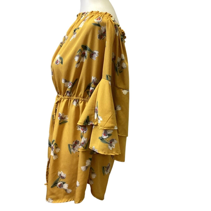 Blush Large Ruffled Bell Sleeve Yellow Floral Belted Elastic Cinched Waist Dress