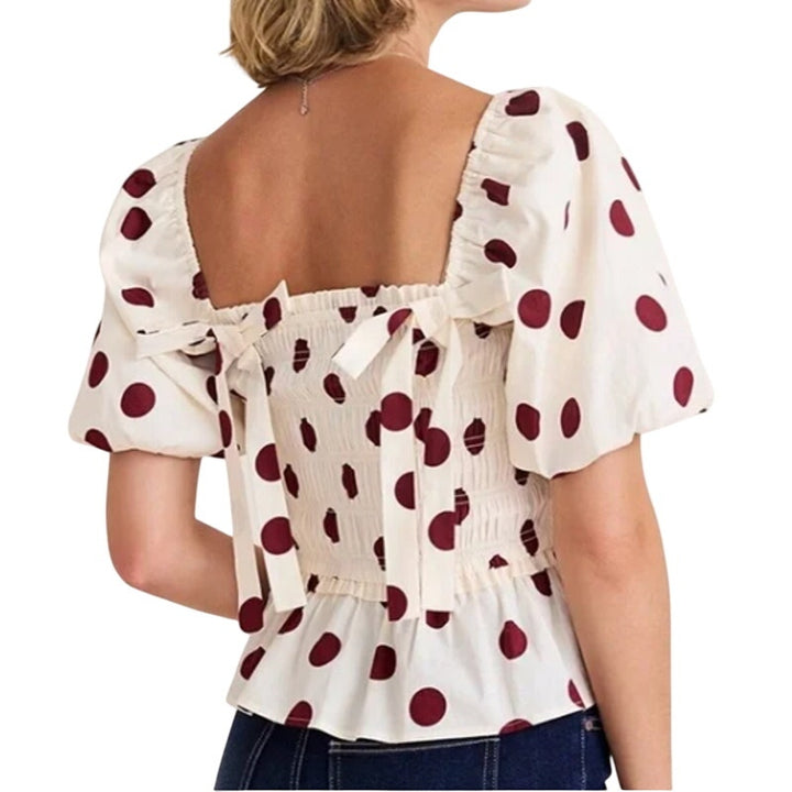 New Francescas Womens Medium Cream Burgundy Polka Dot Stretch Cotton Smocked Top