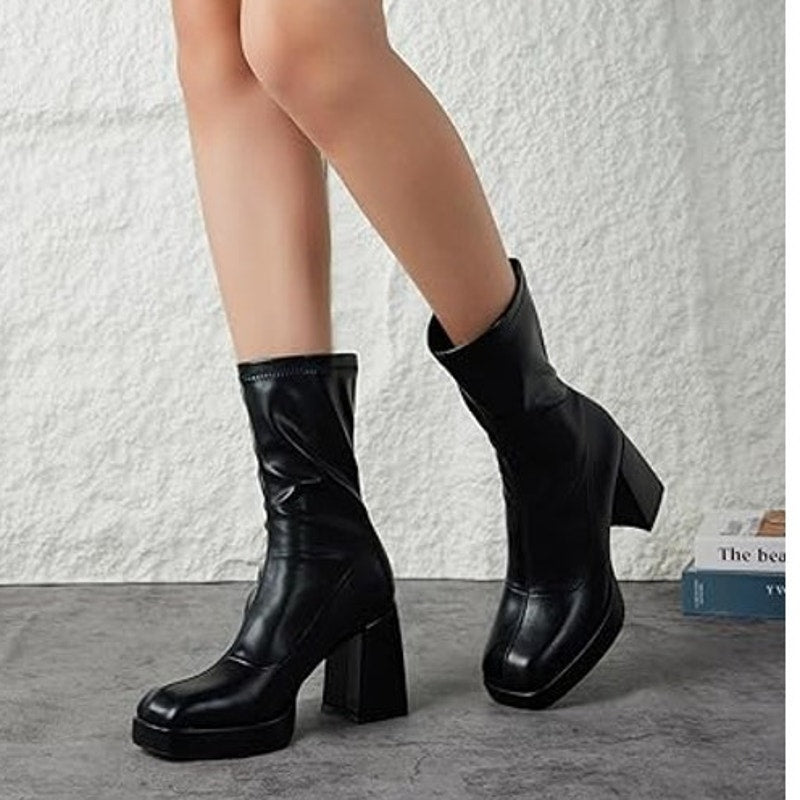 Putu Womens Size 7.5 Black Faux Leather 3.75" Platform Block Heel Pull On Boots