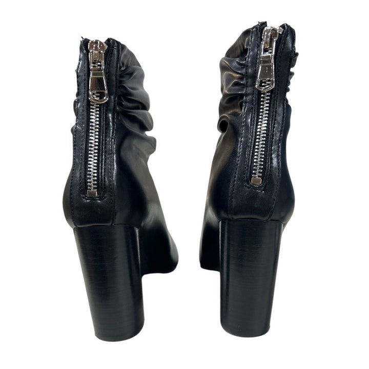 FSJ Womens Size 8 Black 4" Chunky Heel Ankle Boots Round Peep Toe Back Zip Shoes