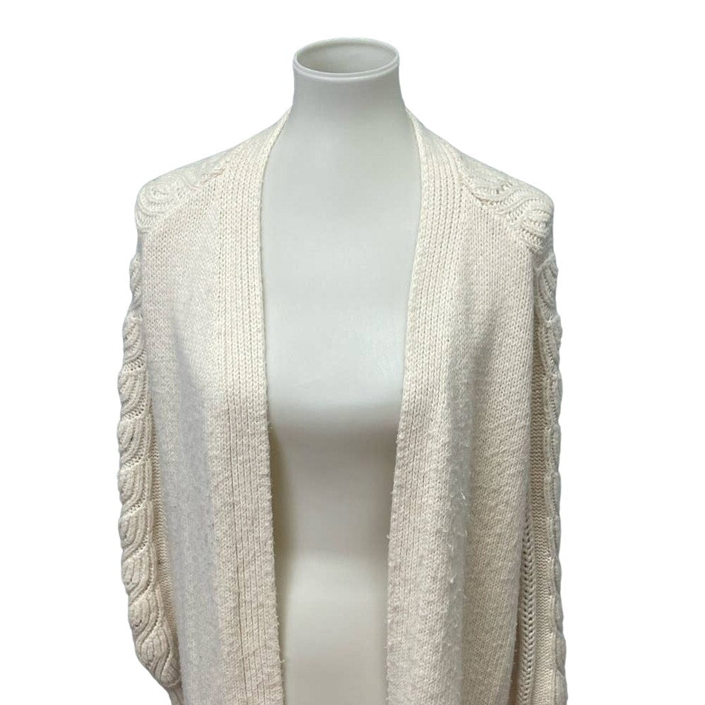 Ann Taylor Small Cotton Blend Long Open Front Cable Knit Cream Cardigan Sweater