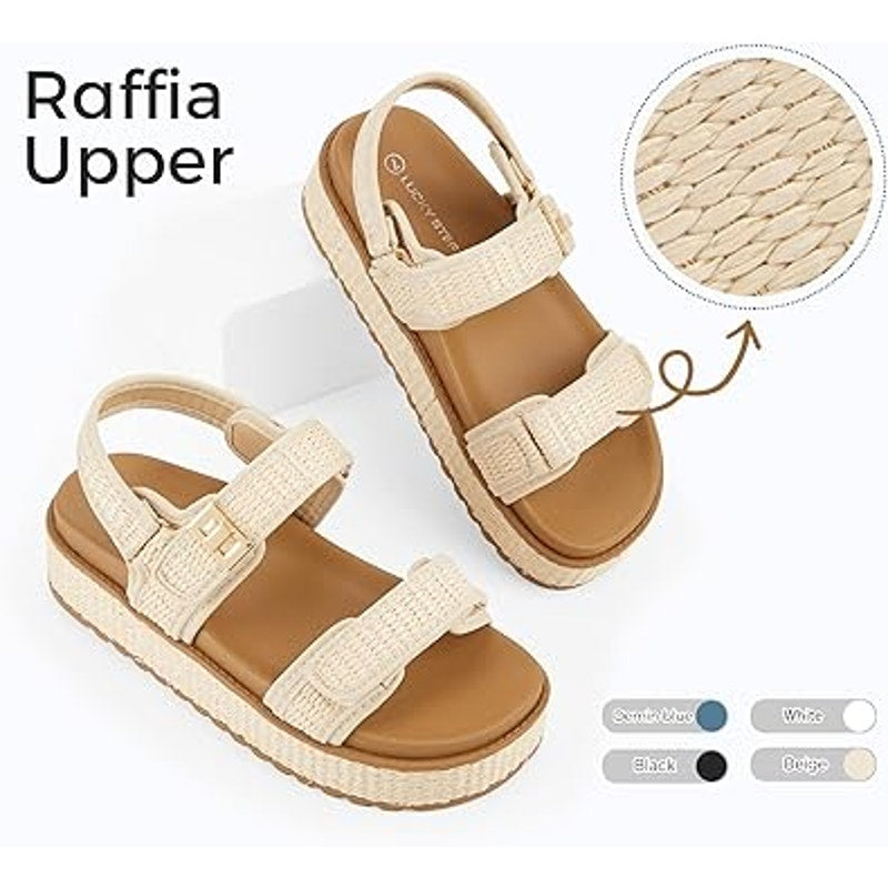 Lucky Step Womens Size 7 Tan Raffia Hook Loop 2" Platform Open Toe Sandal Shoes